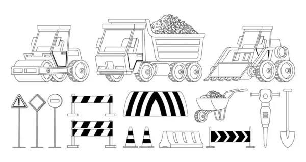 Road Construction Equipment Isolated Outline Vector Icons Set Bulldozer Wheelbarrow — Stock Vector