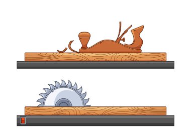 Carpentry Tools, Plane Smooths And Flattens Wood Surfaces, Circular Saw Swiftly Cuts Through Wood With A Rotating Circular Blade, Enabling Precise Straight Or Angled Cuts. Cartoon Vector Illustration clipart