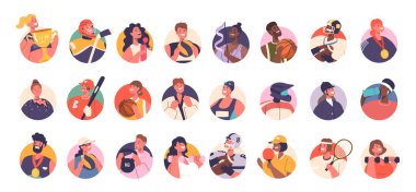 Sportmen Karakter Görselleri Set. Hokey, jimnastikçi, basketbol ya da rugby. Beyzbol, Dövüş Sanatları, Yüzücü ve Tenis Oyuncusu. At biniciliği, voleybol, vücut geliştirme. Çizgi film İnsanları Vektör İllüstrasyonu