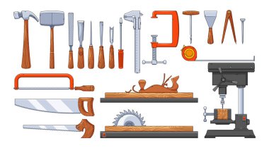 Marangoz Aletleri İzole Edilmiş Vektör Seti. Çivi çakmak için çekiçler, odun kesmek için testereler, şekil vermek için keskiler, düzlüğü sağlamak için kesikler, matkap, eklem ve ölçüler için mezuralar
