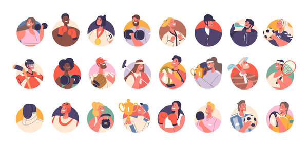 Sportsmen Character Avatars Set. Soccer, Fitness, Hockey and Equestrian Sport, Golf, Box and Fencing, Baseball, Weight Lifting, Martial Arts Men and Women Champions. Cartoon People Vector Illustration