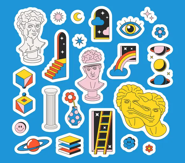 Psychedelic Sticker Pack Funny Greek Ancient Statues Emojis Geometric Figures — Stock Vector