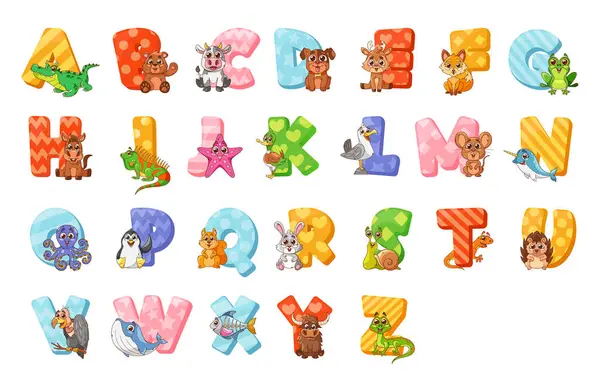 Abc Font Kids Comprend Des Lettres Ludiques Ornées Animaux Bande — Image vectorielle