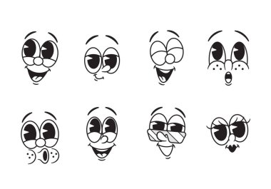 Mutlu Gülümse Retro Emoji Seti. Vector Black ve White Collection of Vintage tarzı Gülme ve Gülen Duygular, Sevimli Neşeli Yüzler, Eski İnternet Grafiklerini Anımsatan Nostalji ve Neşe