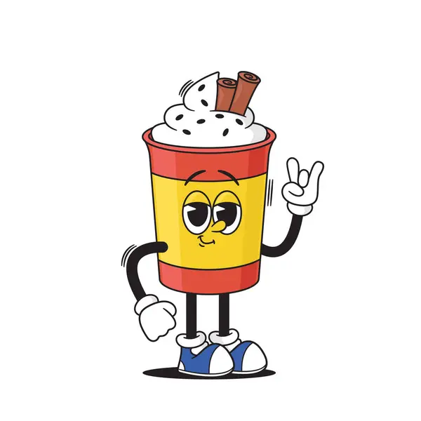 Cartoon Retro Coffee Drink Groovy Character Cinnamon Sticks Frothy Swirl — Stock Vector
