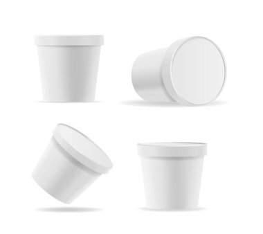 Gıda, Mayonez veya Dondurma için Yuvarlak Beyaz Plastik Kutuların Gerçekçi Şablonları. Markalaşma, Reklam ya da Paketleme Tasarımı Sunumları için Çeşitli Açılar içinde Ayrı 3d Vektör Kova Yapılandırmaları