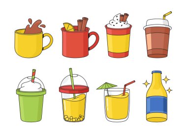 Çeşitli içeceklerle dolu bardaklar, buharlı kahve, çay, köpüklü milkshake ya da Latte 'den ferahlatıcı meyve suları, kokteyller ve bira ya da limonata şişesi Susamış müşteriler tarafından zevke getirilmeye hazır hale getirildi.