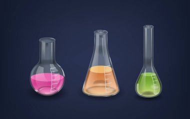 Florence Flask, Conical Fernbach ve Cilt Laboratuvarı Cam Gemilerini Bilimsel Deneyler ve Analizler 'de karıştırmak, ısıtmak veya Kimyasalları Depolamak için kullanırlar. Çizgi film Vektör İllüstrasyonu