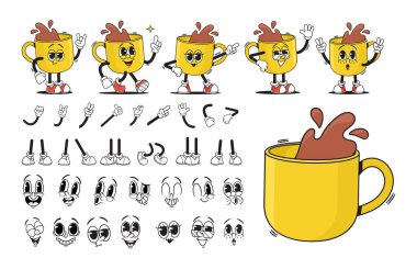 Çizgi film Sarı Şahane Çay ya da Kahve İçme Karakteri Yaratma Kiti. Porselen Kupa Animasyonu, Yüz Duyguları, El Hareketleri ve Ayaklar Koleksiyonu. Retro Hippi İçecek Kişiliği