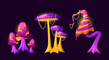 Vektör Peri Masalı Sihirli Mantarları. Uzaylı mantar bitkileri canlı renkler taşır ve onları bulanlara dilek hakkı verir. Ruhsal Işıltıları, Büyülü Ormanlarda Gizemli Diyarlar 'da Maceracılara rehberlik eder.