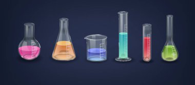 Renkli sıvılarla dolu laboratuvar mataraları. Cam kaplar karıştırma, ısıtma, soğutma ve kimyasal çözümler depolama için kullanılır. Bilimsel deneyler için gereklidir. Çeşitli şekil ve boyutlarda vektör kümesi.