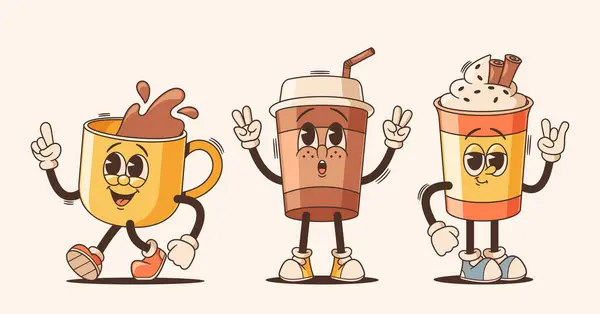 Cartoon Groovy Cups Drinks Personagens Antropomórficos Animados Chá Frio Café — Vetor de Stock