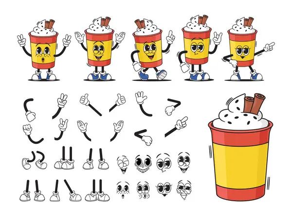 Cartoon Groovy Cup Frothy Drink Character Creation Kit Vektorová Kolekce — Stockový vektor