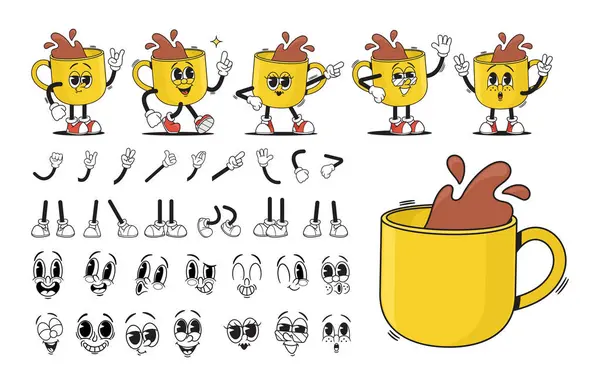 Dibujos Animados Amarillo Groovy Cup Tea Coffee Drink Character Creation — Archivo Imágenes Vectoriales