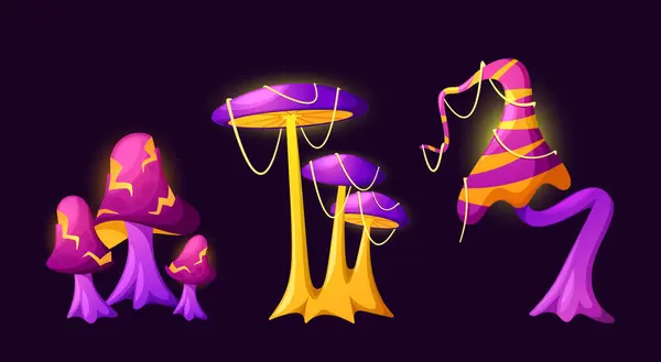 Funghi Magici Fiabeschi Vettoriali Piante Funghi Alieni Possiedono Colori Vibranti — Vettoriale Stock
