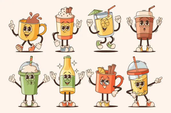 Cartoon Groovy Cups Bottle Vibrant Characters Unikátní Hravé Osobnosti Ztělesňují — Stockový vektor