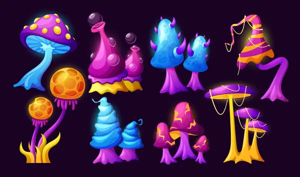 Cartoon Magic Mushrooms Set Vector Fantasy Fairy Toadstools Hallucinogenic Fungi — Stock Vector