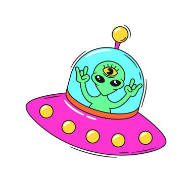 Ufo Ufo Ucer Çizgi Filmi Vector Simgesi ya da Etiket 'teki Psikedelik Uzaylı, Dünya Dışı Gizemler' in özünü canlı renklerle özetliyor.