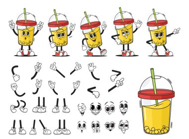 Çizgi film Groovy Cup of Soda, Juice, Limonata İçecek Karakter Kiti. Vektör Retro Plastik Kupa ile Ev Lid ve Hasır Kişilik Animasyon Koleksiyonu, Yüz Duyguları, El Hareketleri ve Bacak Pozisyonları