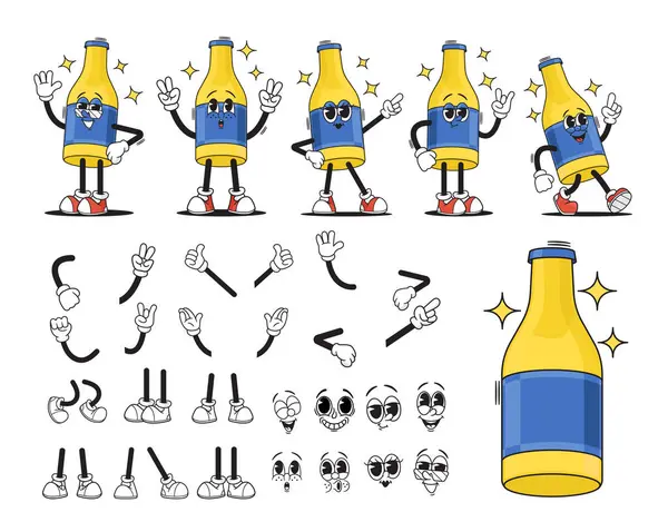 Cartoon Groovy Glass Bottle Drink Character Creation Kit Collezione Vettoriale — Vettoriale Stock