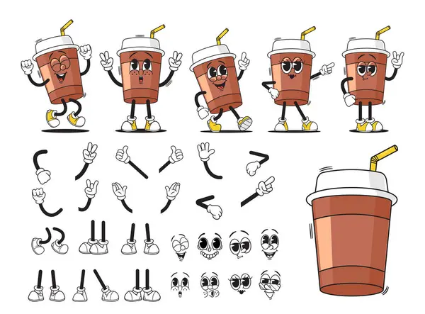 卡通杯热咖啡或茶饮料性格创造套件 收集可处置杯子动画 面部表情 手势和腿的载体 复古嬉皮人 — 图库矢量图片
