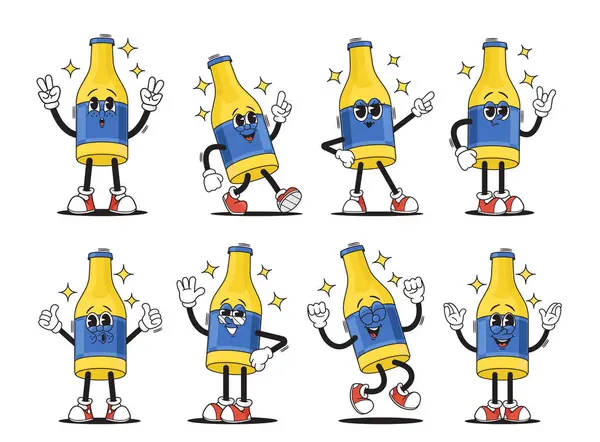 Groovy Drink Bottle Character Vibrant Animation Set Frasco Vidrio Dibujos — Archivo Imágenes Vectoriales