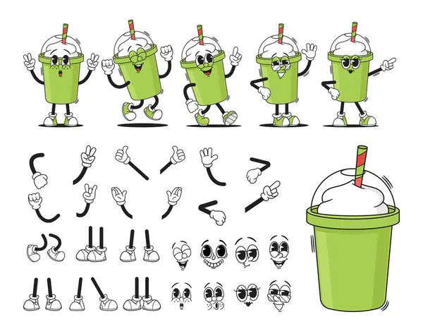 Cartoon Groovy Cup Milkshake Schaumkaffee Oder Smoothies Drink Character Creation — Stockvektor