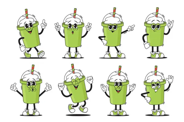 Groovy Milkshake Frothy Coffee Smoothies Cup Juego Animación Personajes Caprichoso — Archivo Imágenes Vectoriales