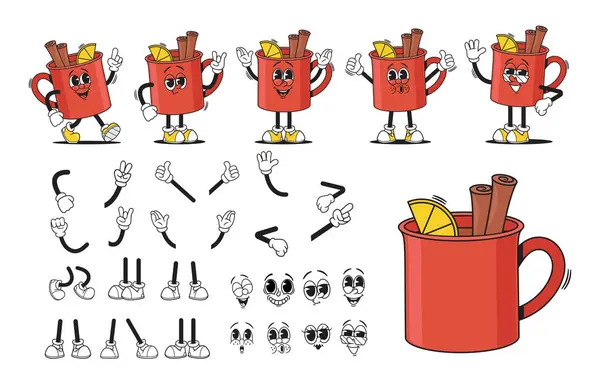 Dibujos Animados Red Groovy Cup Tea Drink Character Creation Kit — Archivo Imágenes Vectoriales