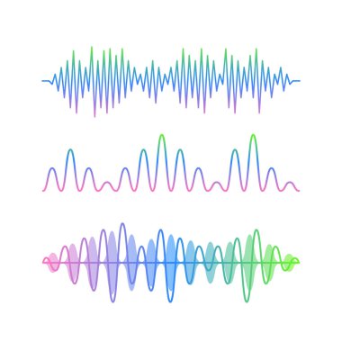 Ses dalgası sembolleri müzik, ses ve dalga şeklini müzik çalanlar, radyo ya da dijital teknoloji gibi çeşitli bağlamlarda temsil eder, sıklığı, sesi ve nabzı görsel olarak iletir. Vektör İllüstrasyonu