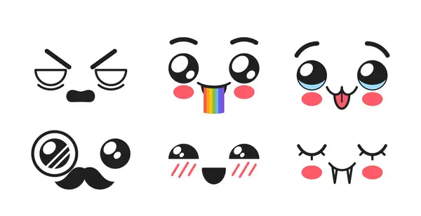 Kawaii Facial Expressions Emojis Set Angry Bloat Rainbow Smile Mustached — Stock Vector