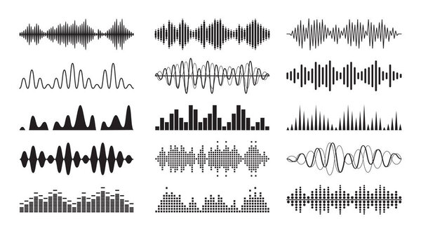 Sound Waves Monochrome Symbols Set. Music Waveform, Audio Frequency, Volume And Pulse. Black and White Colored Waves Symbolize Essence Of Digital And Electronic Sound Technology. Vector Illustration