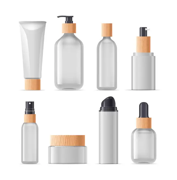 Set Cosmetic Bottles Various Shapes Sizes Vector Mockups Showcasing Branding — Stock Vector