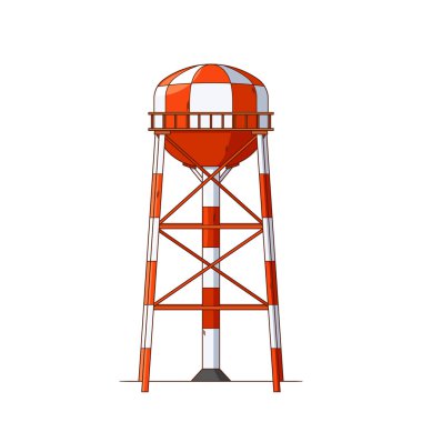 Küresel metal konteynırlı su kulesi. Toplum dağıtımı için su depolamak için kullanılan yüksek yapı, bir çerçeve tarafından desteklenen büyük bir tanktan oluşuyor. Çizgi film Vektör İllüstrasyonu