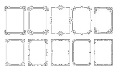 Vintage Frames Koleksiyonu. Dekoratif elementler Bygone Eras 'ı andırıyor, Karmaşık desenler, Süslü Detaylar ve Sanat, Fotoğraf ve Grafik Tasarım için Klasik Dekorasyon. Vektör İllüstrasyonu