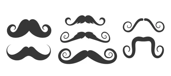 Curly Mustache Typer Svarta Silhuetter Isolerade Vektor Ikoner Set Ledstång — Stock vektor