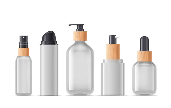 Cosmetics Bottles Stand Row Realistic Vector Mockup Stylish Containers Designed — Stock Vector