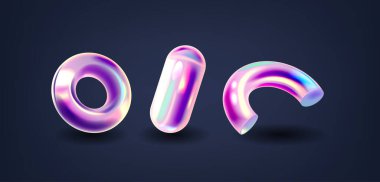 Geometric 3d Shapes with Holographic Iridescent Effect. Solid Figures With Three Dimensions, Such As Torus, Ellipsoid and Semi-ring, Minimal Design Elements. Vector Illustration, Rendering clipart