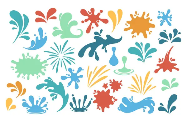 Colorful Splashes Splashing Forms Featuring Droplets Water Drop Shapes Liquid — Stock Vector
