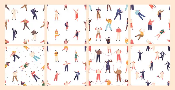 Naadloze Patronen Tegels Set Met Verschillende Karakters People Connected Colorful — Stockvector