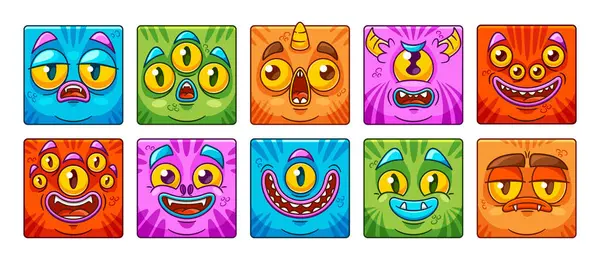 Vierkante Pictogrammen Avatars Monster Faces Feature Cartoon Karakters Met Expressieve — Stockvector
