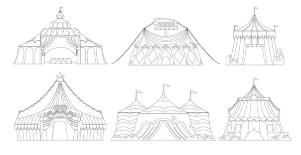 Circus Tents Outline Monochrome Vector Icons Set Amusement Park Vintage — Stock Vector