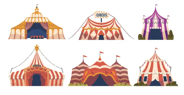 Цирковые Палатки Винтажный Карнавал Парке Развлечений Большие Палатки Флагами Достопримечательности Стоковый вектор