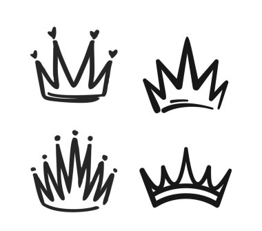 Doodle Crowns, Playful, Elle çizilmiş Diadems, Tiaras ve Regal Headpiece 'ler. Monokrom Vektör Grafikleri. Prensesler, Prensesler, Kraliçeler ve Krallar Beyaz Arkaplanda Siyah Graffiti Simgeleri