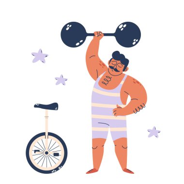 Kabarık kaslı Circus Strongman seyirciyi büyüleyen gayretsiz halteriyle devasa halteri kaldırıyor. Big Top Çadır Arena 'da Sağlıklı Sporcu Gösteri Programı. Çizgi film Vektör İllüstrasyonu