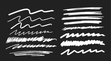 Set Of White Strikethrough Underlines. Brush Stroke Markers Collection. Vector Illustration Of Scribble Lines Isolated On Black Background. Straight and Wavy Stroke, Manuscript Marks, Drawing Elements clipart