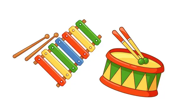 Juguetes Para Niños Tambor Colorido Con Palos Produciendo Ritmos Xilófono — Archivo Imágenes Vectoriales
