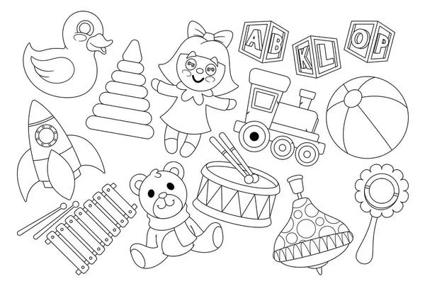 儿童玩具的矢量图标设置大纲 橡胶鸭 金字塔 娃娃或火车 采购产品立方体 玩具熊和Xylophone 鼓和Whirligig 五彩缤纷的舞会 生动活泼的玩具单色系列 — 图库矢量图片