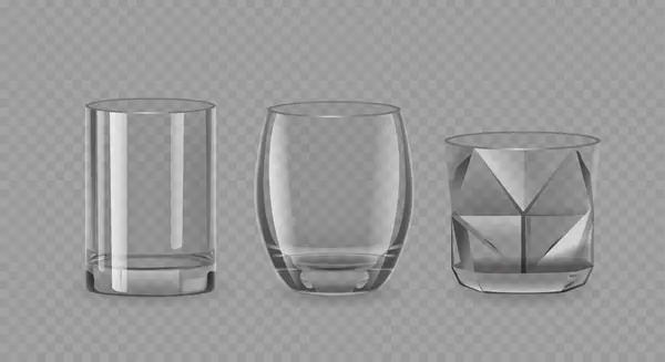 实际饮用玻璃杯 分离3D向量清晰耐用的杯具圆柱形 水晶和圆形与宽基部和狭窄的开口 饮品及饮品的透明杯子 — 图库矢量图片