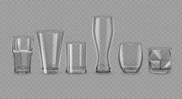 Realistic Drinking Glasses Different Shapes Vector Set Clear Sturdy Glasses — Stock Vector